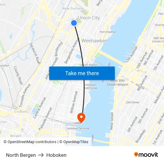 North Bergen to Hoboken map