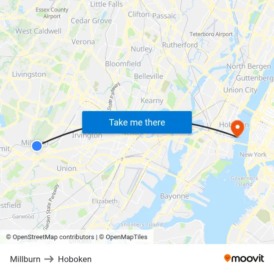Millburn to Hoboken map