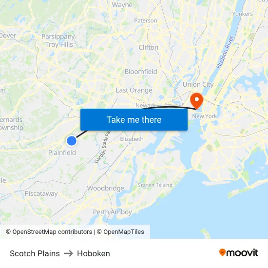 Scotch Plains to Hoboken map