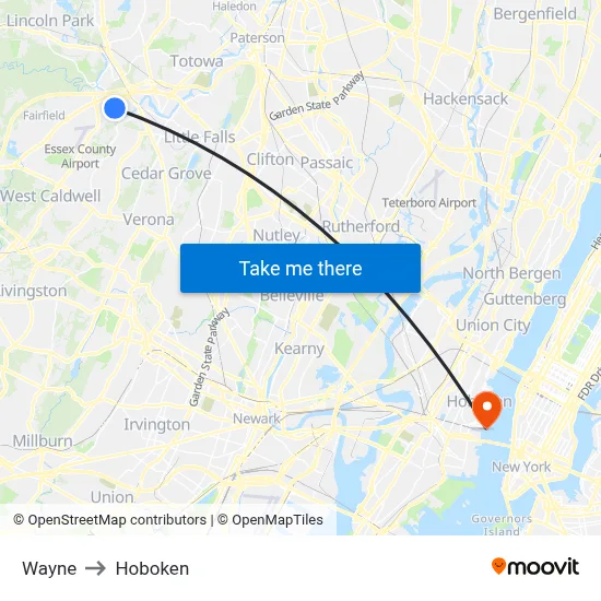 Wayne to Hoboken map