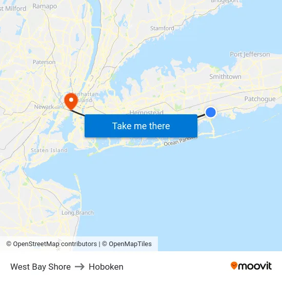 West Bay Shore to Hoboken map