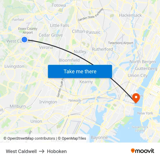 West Caldwell to Hoboken map