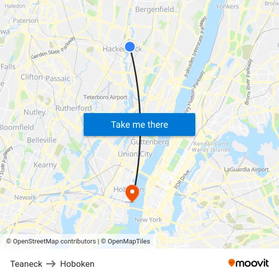 Teaneck to Hoboken map