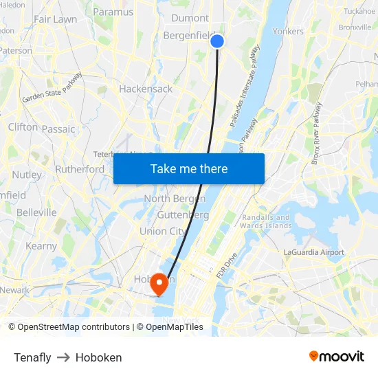 Tenafly to Hoboken map