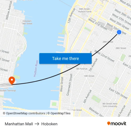Manhattan Mall to Hoboken map
