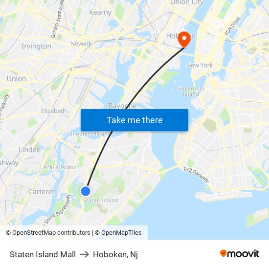 Staten Island Mall to Hoboken, Nj map