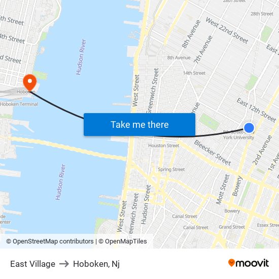 East Village to Hoboken, Nj map