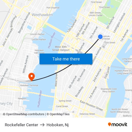 Rockefeller Center to Hoboken, Nj map