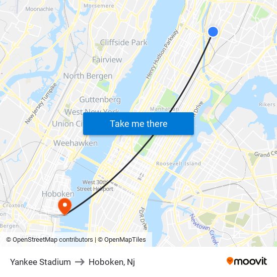 Yankee Stadium to Hoboken, Nj map