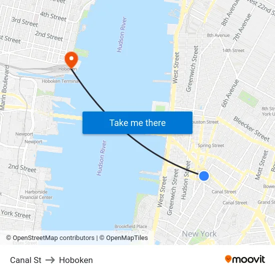 Canal St to Hoboken map