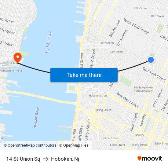 14 St-Union Sq to Hoboken, Nj map