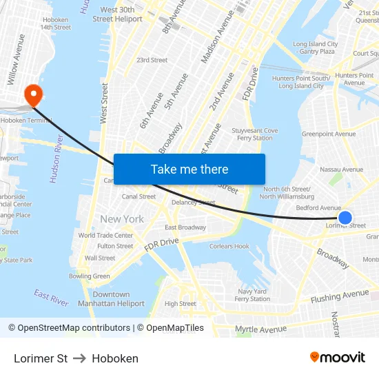 Lorimer St to Hoboken map