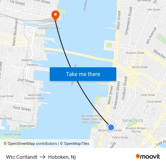 Wtc Cortlandt to Hoboken, Nj map