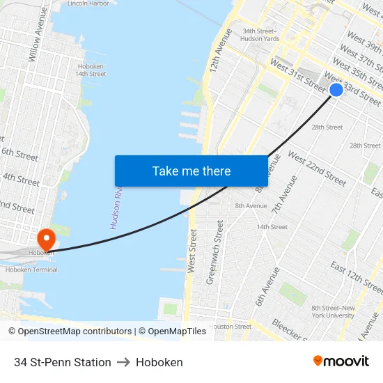 34 St-Penn Station to Hoboken map