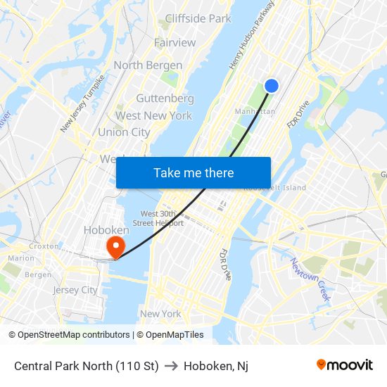 Central Park North (110 St) to Hoboken, Nj map