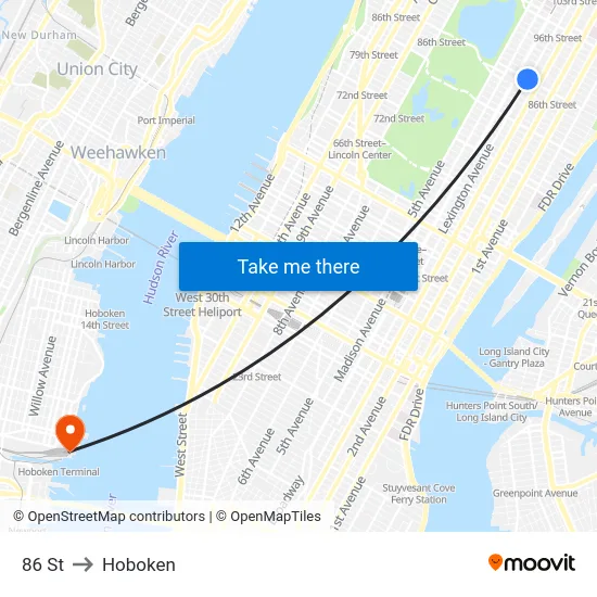 86 St to Hoboken map