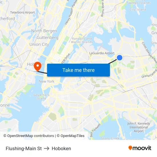 Flushing-Main St to Hoboken map