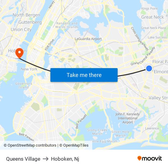 Queens Village to Hoboken, Nj map