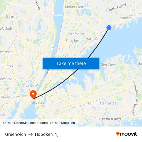 Greenwich to Hoboken, Nj map