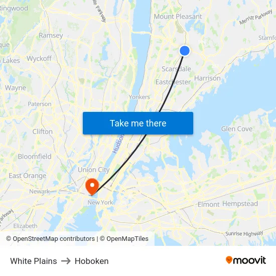 White Plains to Hoboken map
