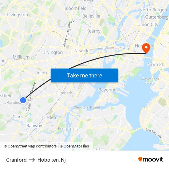 Cranford to Hoboken, Nj map