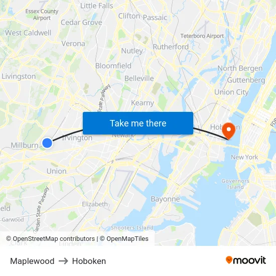 Maplewood to Hoboken map