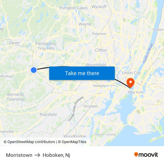 Morristown to Hoboken, Nj map