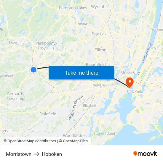 Morristown to Hoboken map