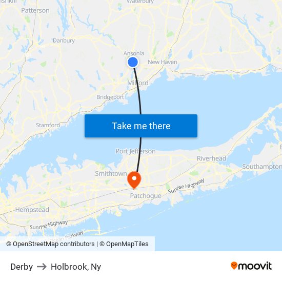 Derby to Holbrook, Ny map