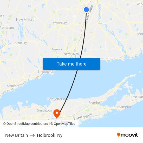 New Britain to Holbrook, Ny map