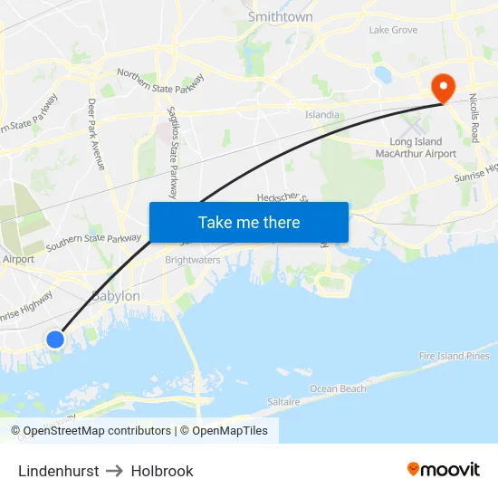 Lindenhurst to Holbrook map