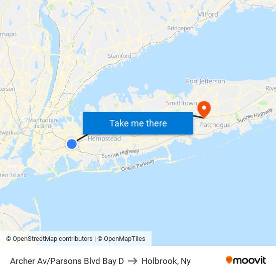 Archer Av/Parsons Blvd Bay D to Holbrook, Ny map