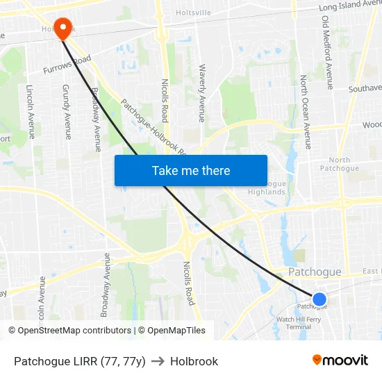 Patchogue LIRR (77, 77y) to Holbrook map