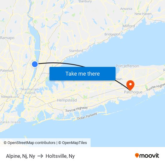 Alpine, Nj, Ny to Holtsville, Ny map