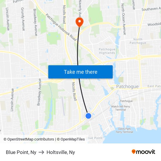 Blue Point, Ny to Holtsville, Ny map