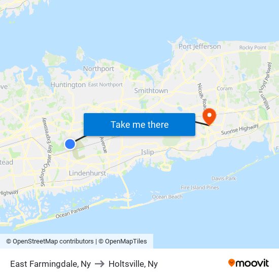 East Farmingdale, Ny to Holtsville, Ny map