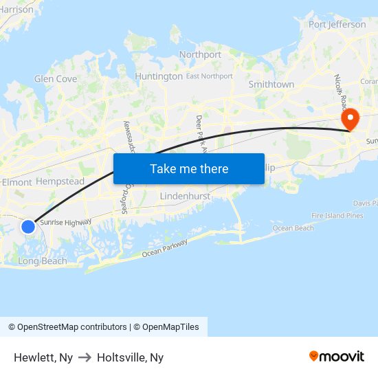 Hewlett, Ny to Holtsville, Ny map