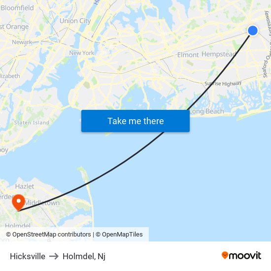 Hicksville to Holmdel, Nj map