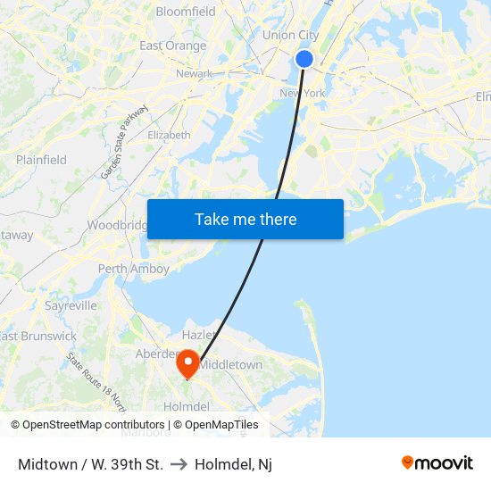 Midtown / W. 39th St. to Holmdel, Nj map