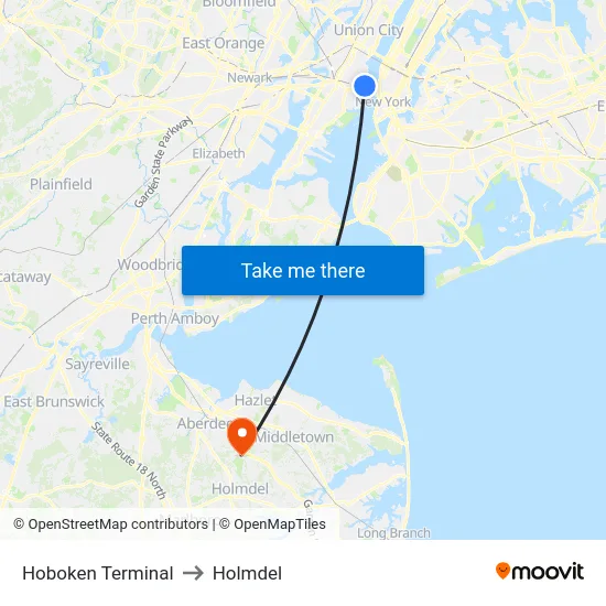 Hoboken Terminal to Holmdel map
