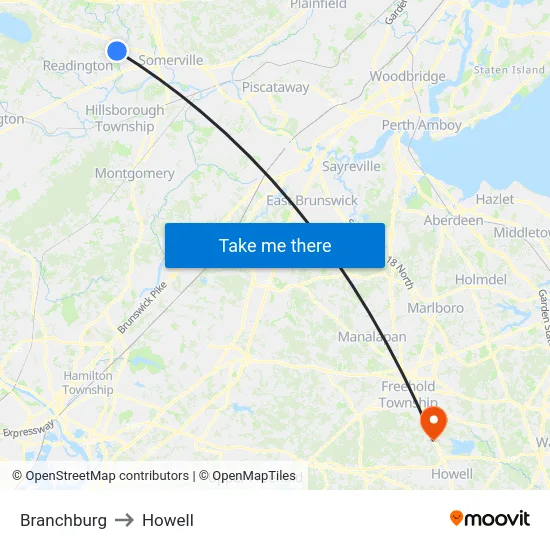 Branchburg to Howell map