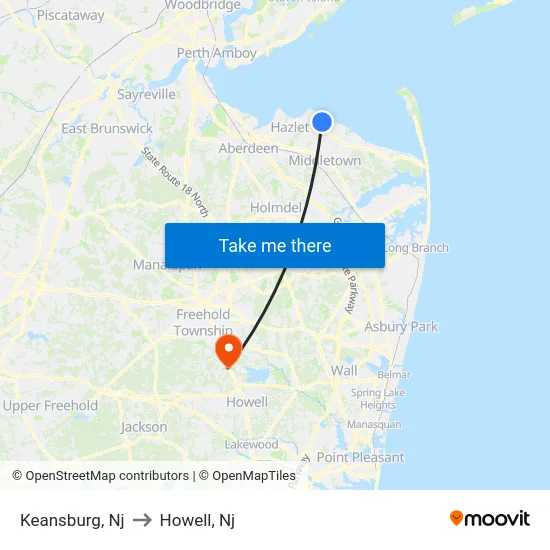 Keansburg to Howell, Nj map