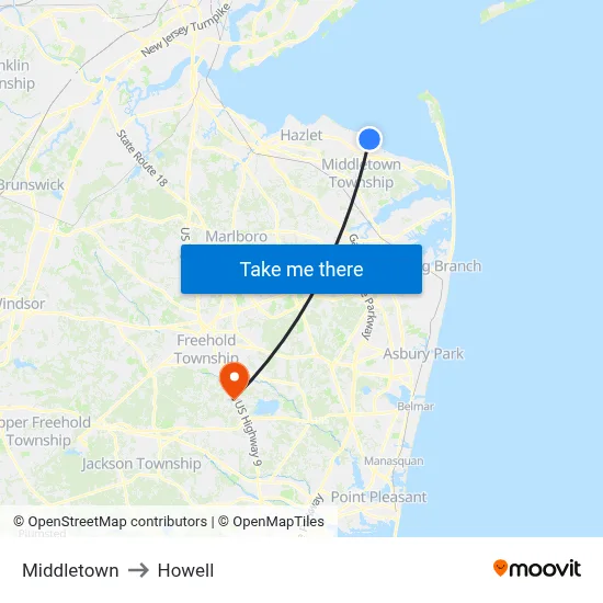 Middletown to Howell map