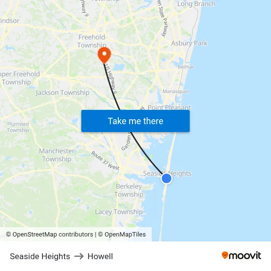 Seaside Heights to Howell map