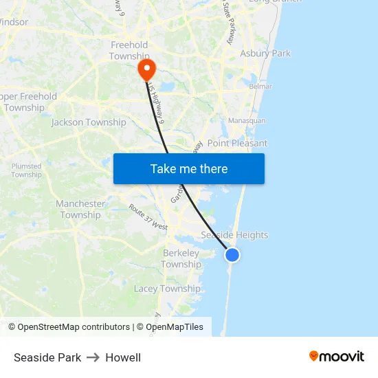 Seaside Park to Howell map
