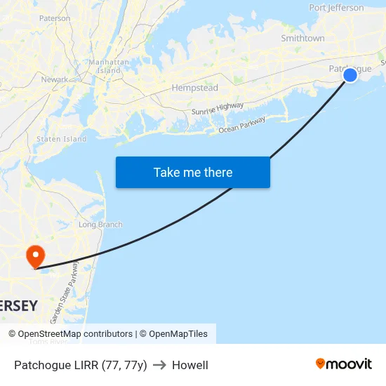 Patchogue LIRR (77, 77y) to Howell map