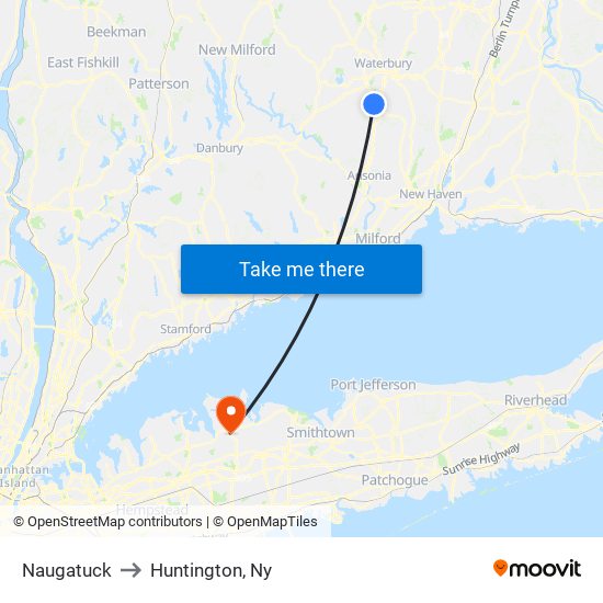 Naugatuck to Huntington, Ny map