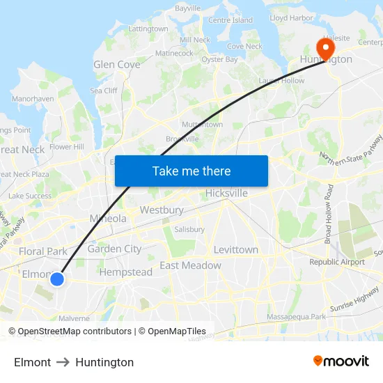 Elmont to Huntington map