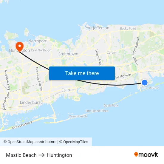 Mastic Beach to Huntington map