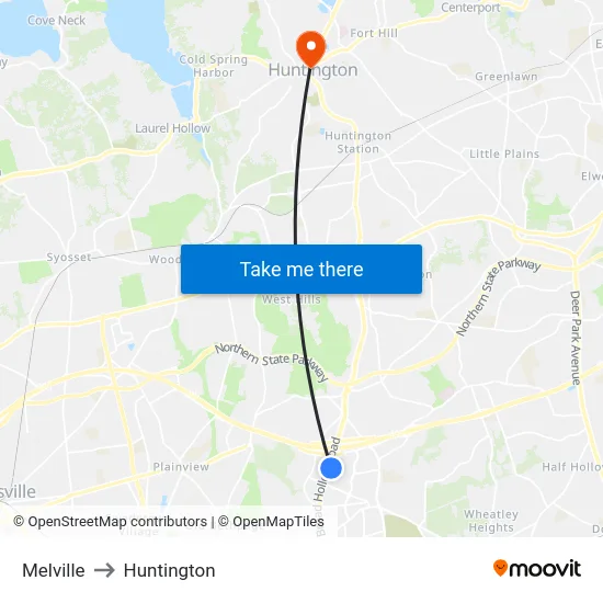 Melville to Huntington map